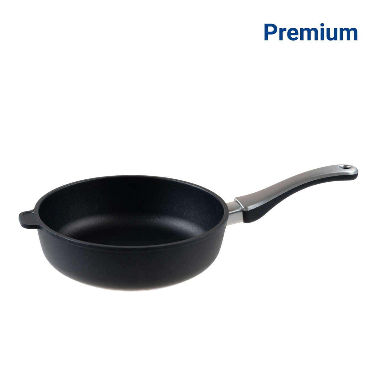Schwarze Hochrandpfanne mit Edelstahlstiel und antihaftbeschichteter Oberfläche.