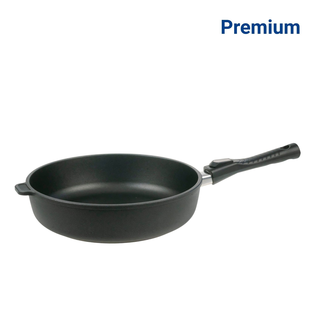 Hochrandpfanne mit schwarzer Antihaftbeschichtung und ergonomischem schwarzem Griff.