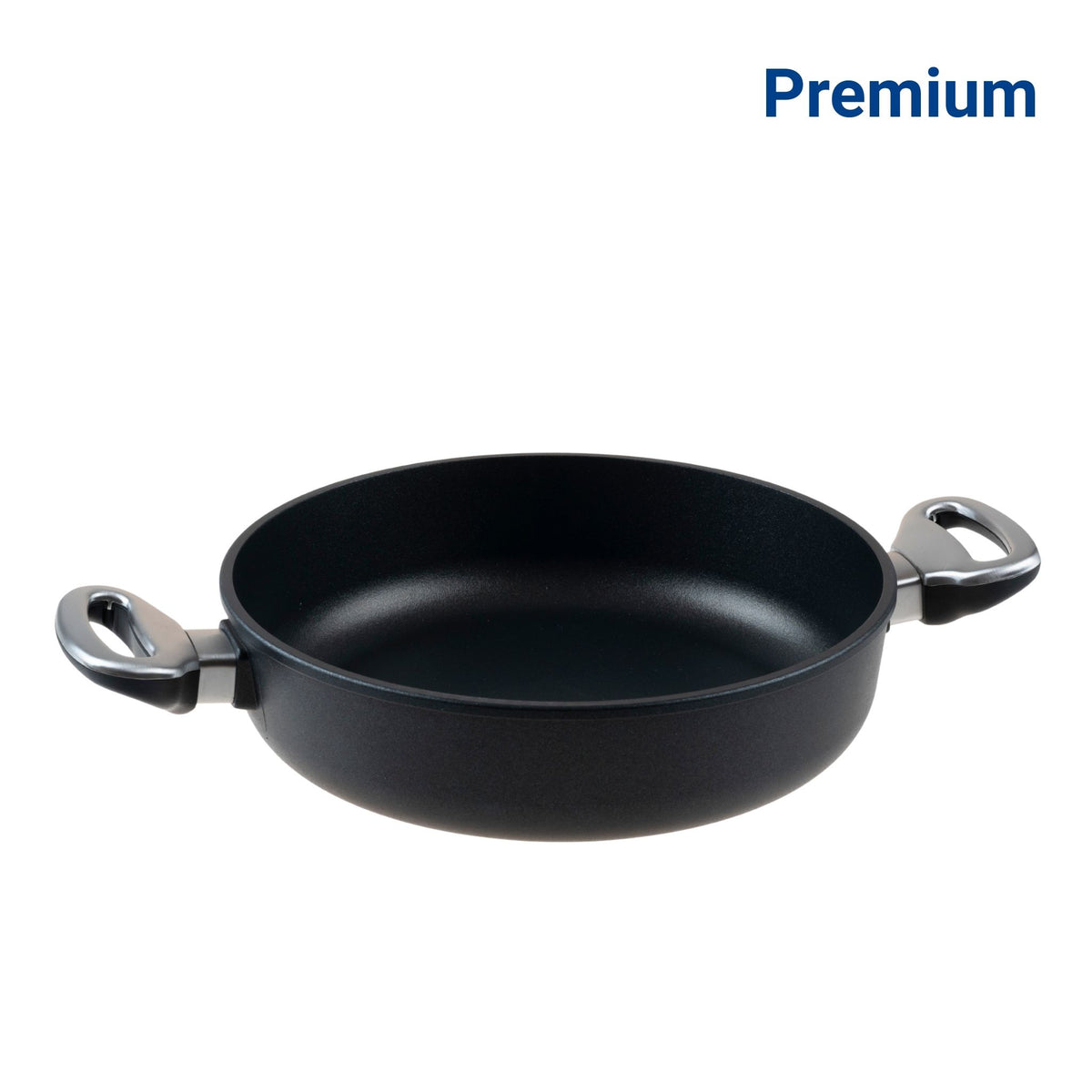 Runde schwarze Schmorpfanne mit zwei kurzen Griffen aus Metall und beschichteter Innenseite.