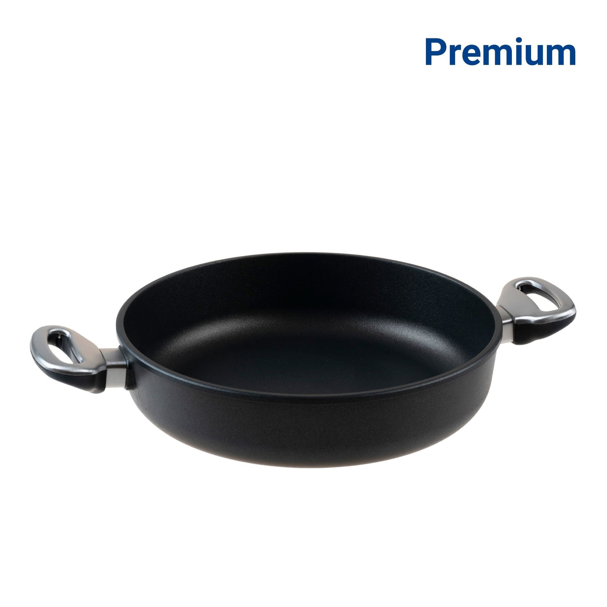 Schwarze Schmorpfanne mit zwei seitlichen Griffen aus Metall, mattes Finish.
