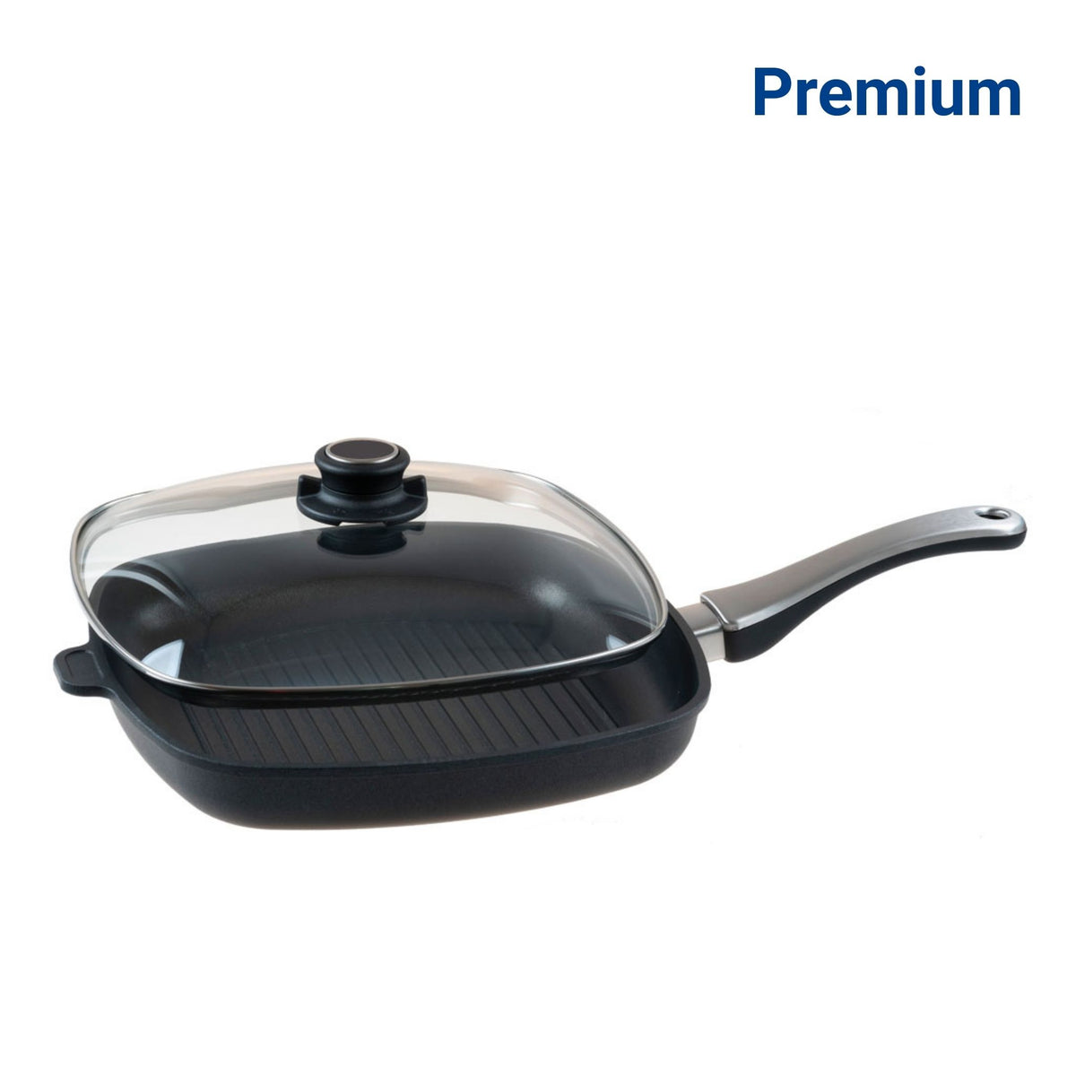 Schwarze quadratische Grillpfanne mit abnehmbarem Griff und Glasdeckel aus Edelstahl und Glas.