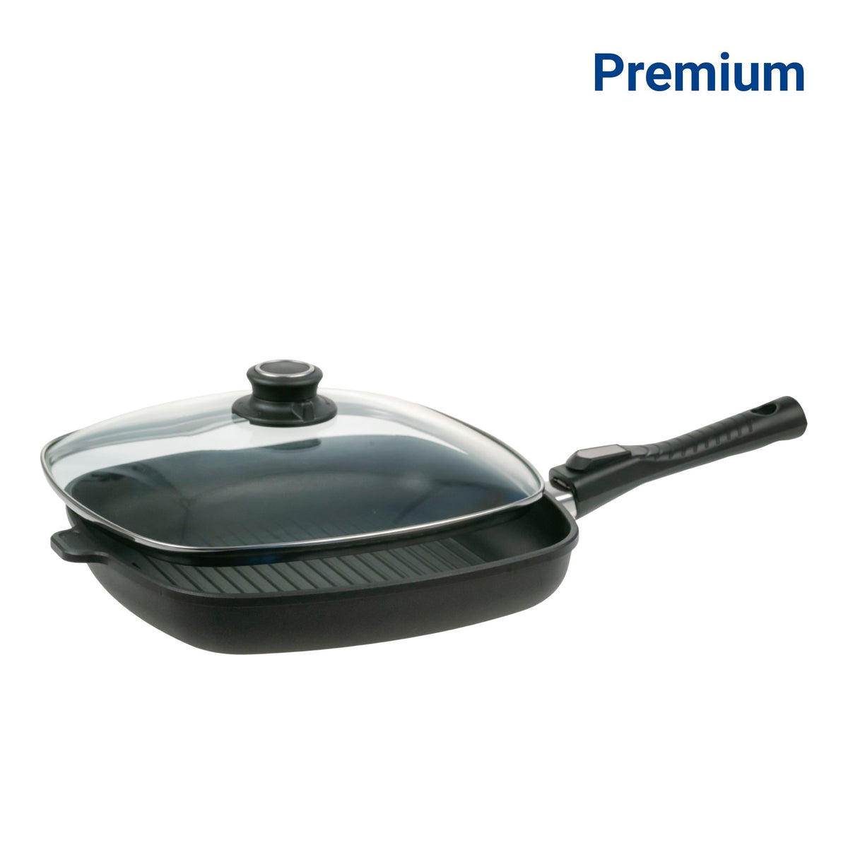 Schwarze Grillpfanne mit geriffelter Oberfläche, langem schwarzem Griff und klarem Glasdeckel.