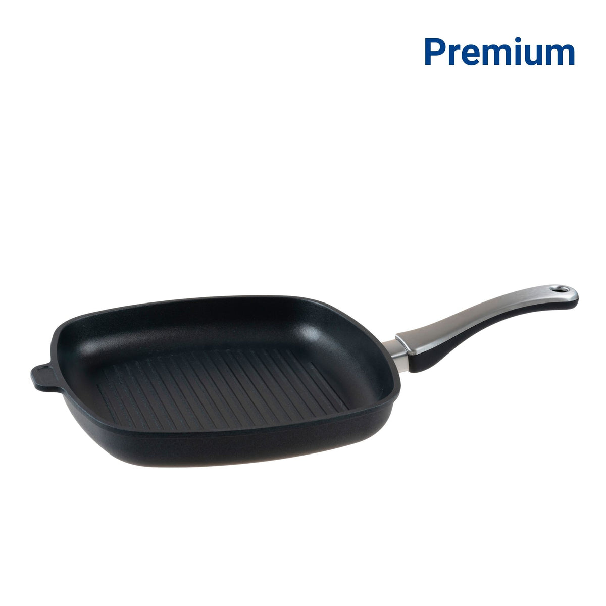 Schwarze Grillpfanne mit Edelstahlgriff und geriffelter Kochfläche, 28 cm Durchmesser.