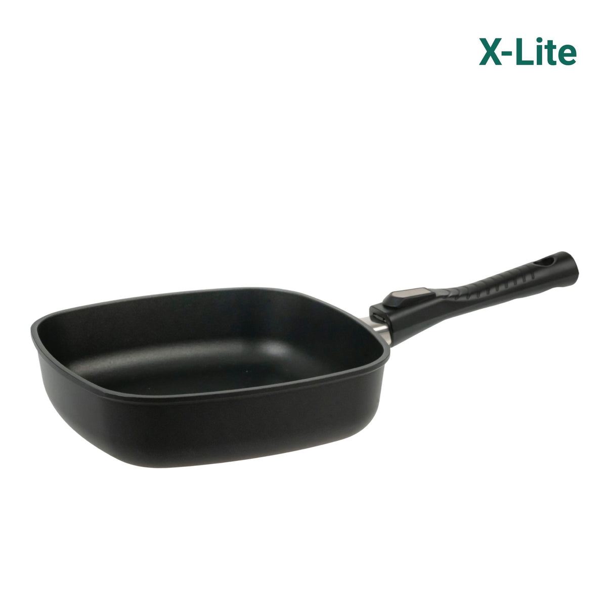 Schwarze quadratische Pfanne mit langem, ergonomischem Griff aus Kunststoff.