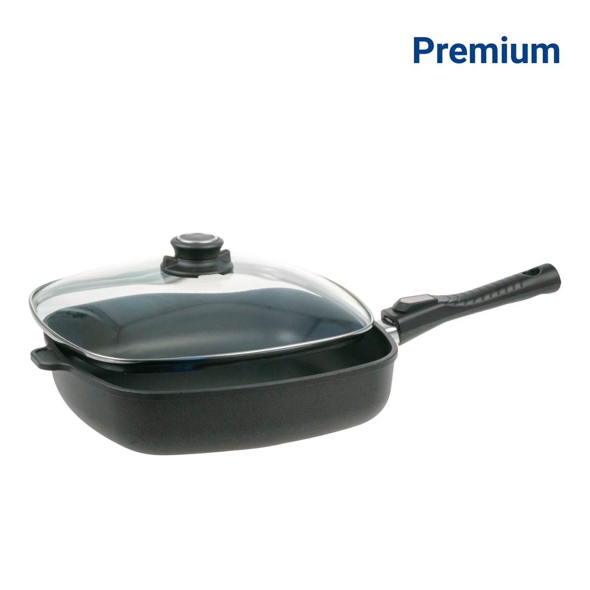Viereckige schwarze Pfanne mit abnehmbarem Griff und Glasdeckel, modernes Design.