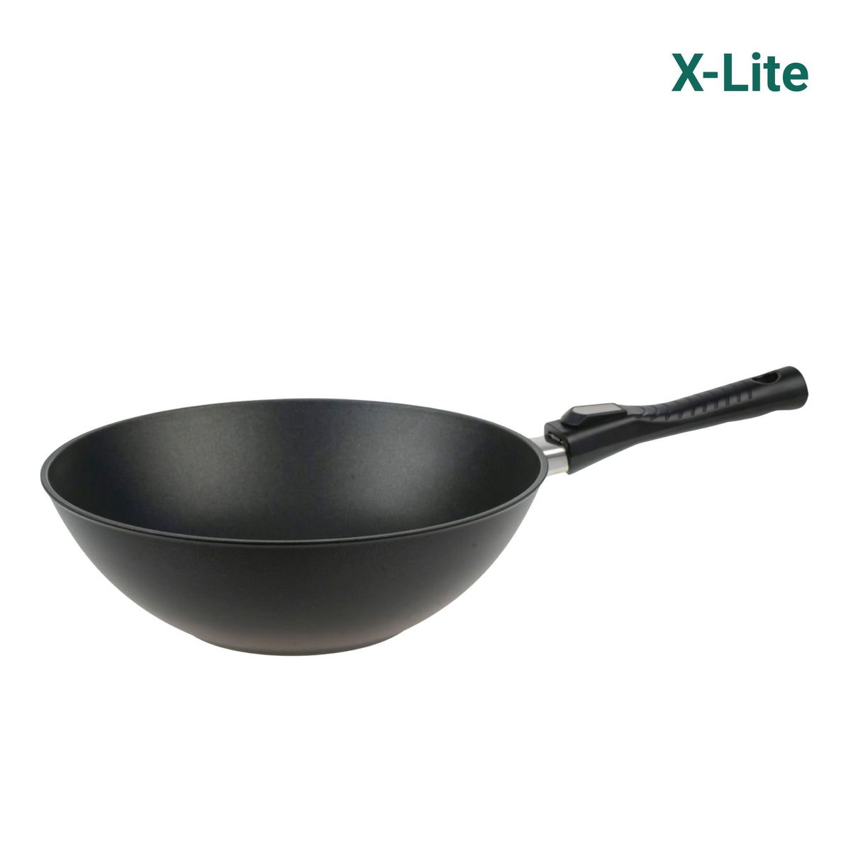 Schwarzer Wok mit langem schwarzem Griff aus Kunststoff, mattierte Oberfläche.