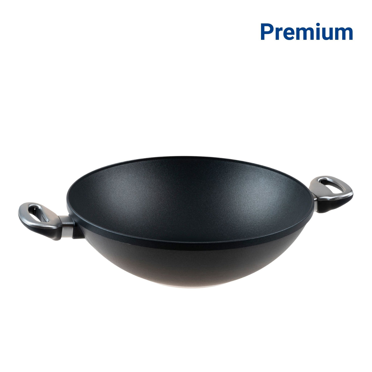 Schwarzer Wok mit zwei kurzen Griffen aus Edelstahl, beschichtete Innenfläche, 32 cm Durchmesser.