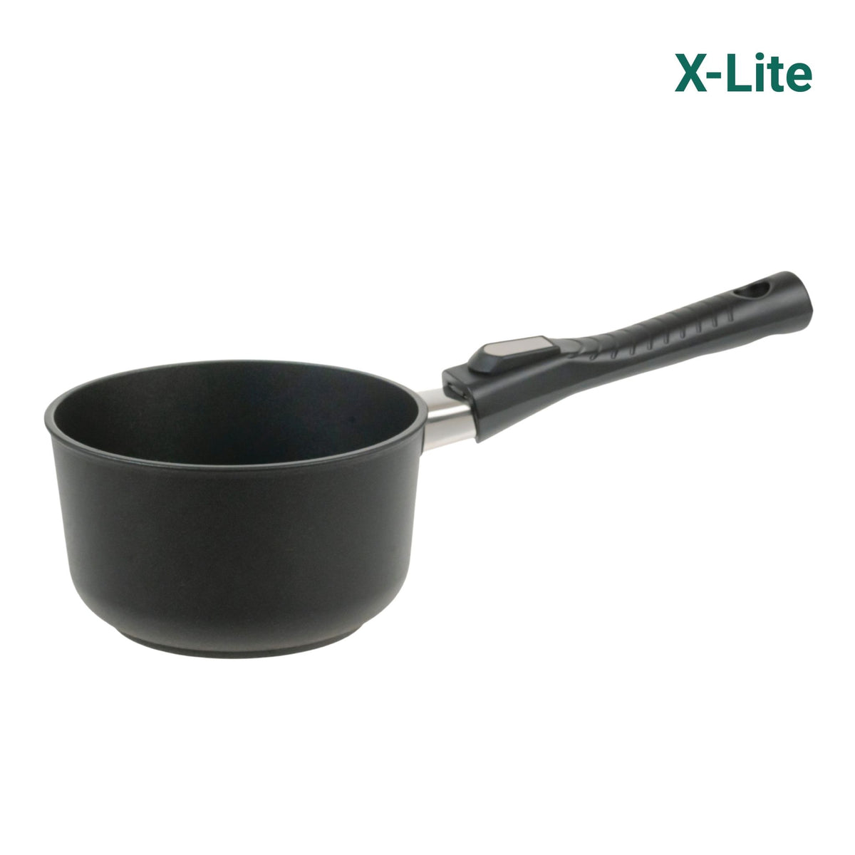 Schwarze Stielkasserolle mit abnehmbarem schwarzem Griff und beschichtetem Innenraum.