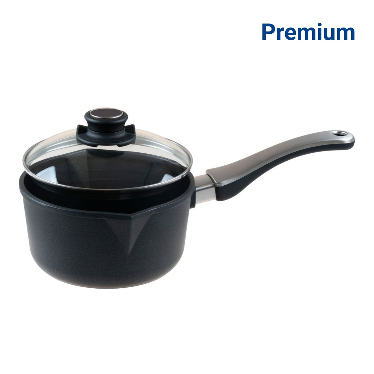 Schwarze Stielkasserolle mit Glasdeckel und ergonomischem Griff aus Edelstahl.