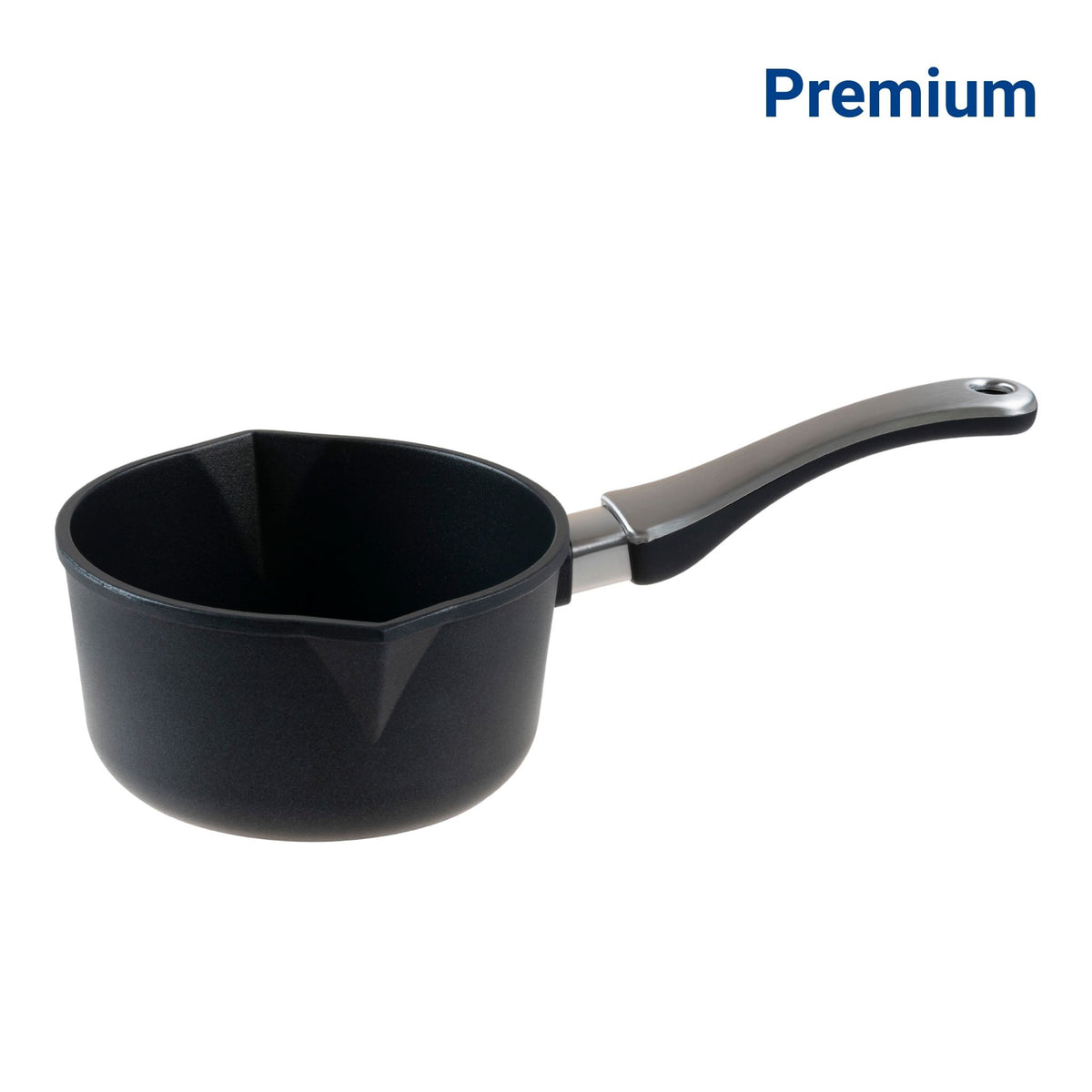 Schwarze Stielkasserolle mit gummiertem Griff und Ausgießer aus beschichtetem Material.