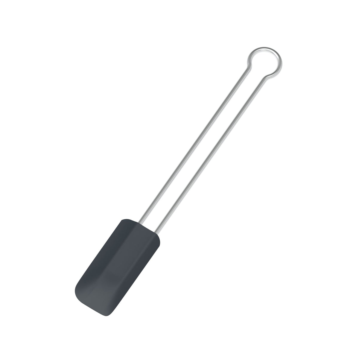 Teigschaber mit anthrazitfarbenem Silikonkopf und Metallgriff mit Aufhängeloch.