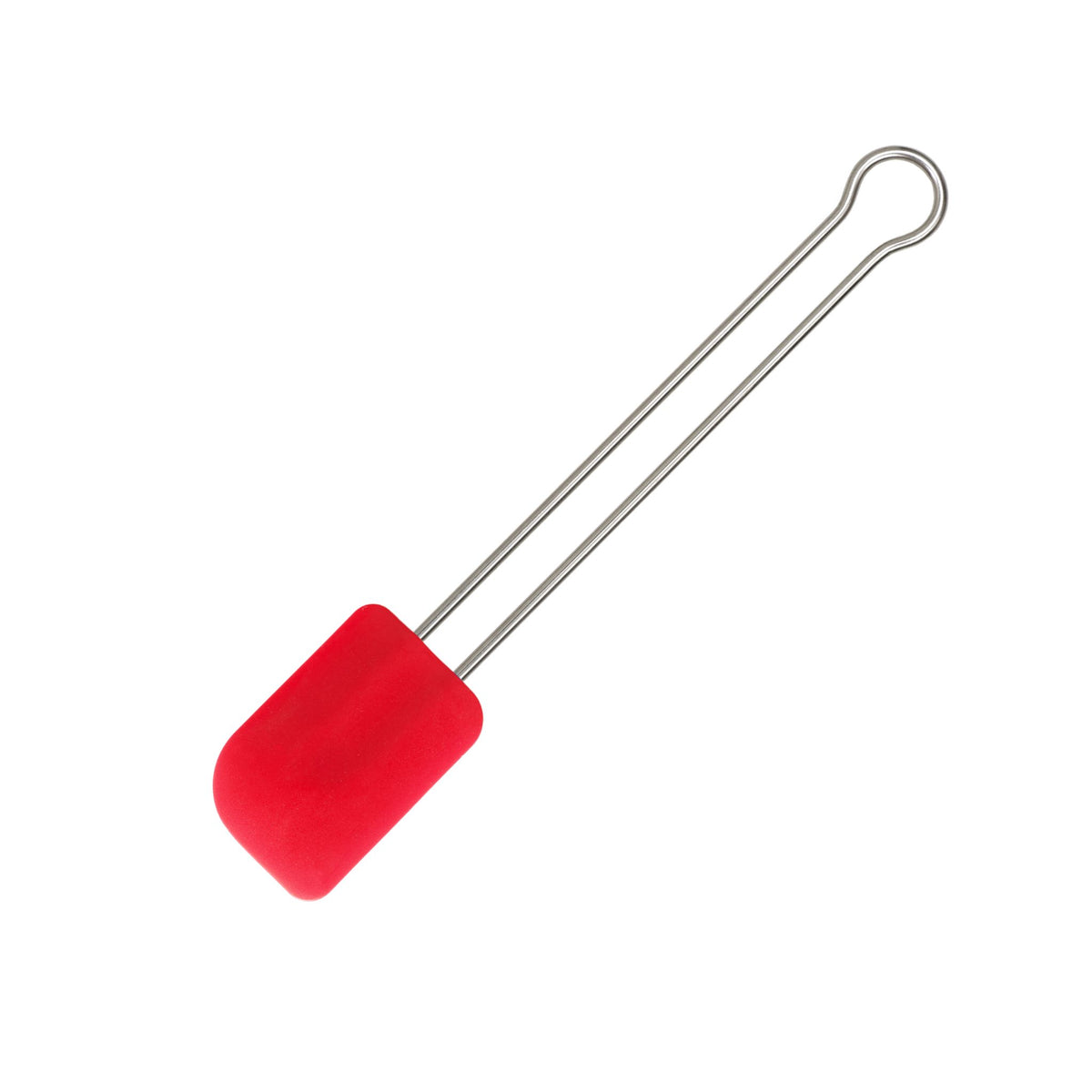 Teigschaber mit rotem Silikonkopf und langem Metallgriff.