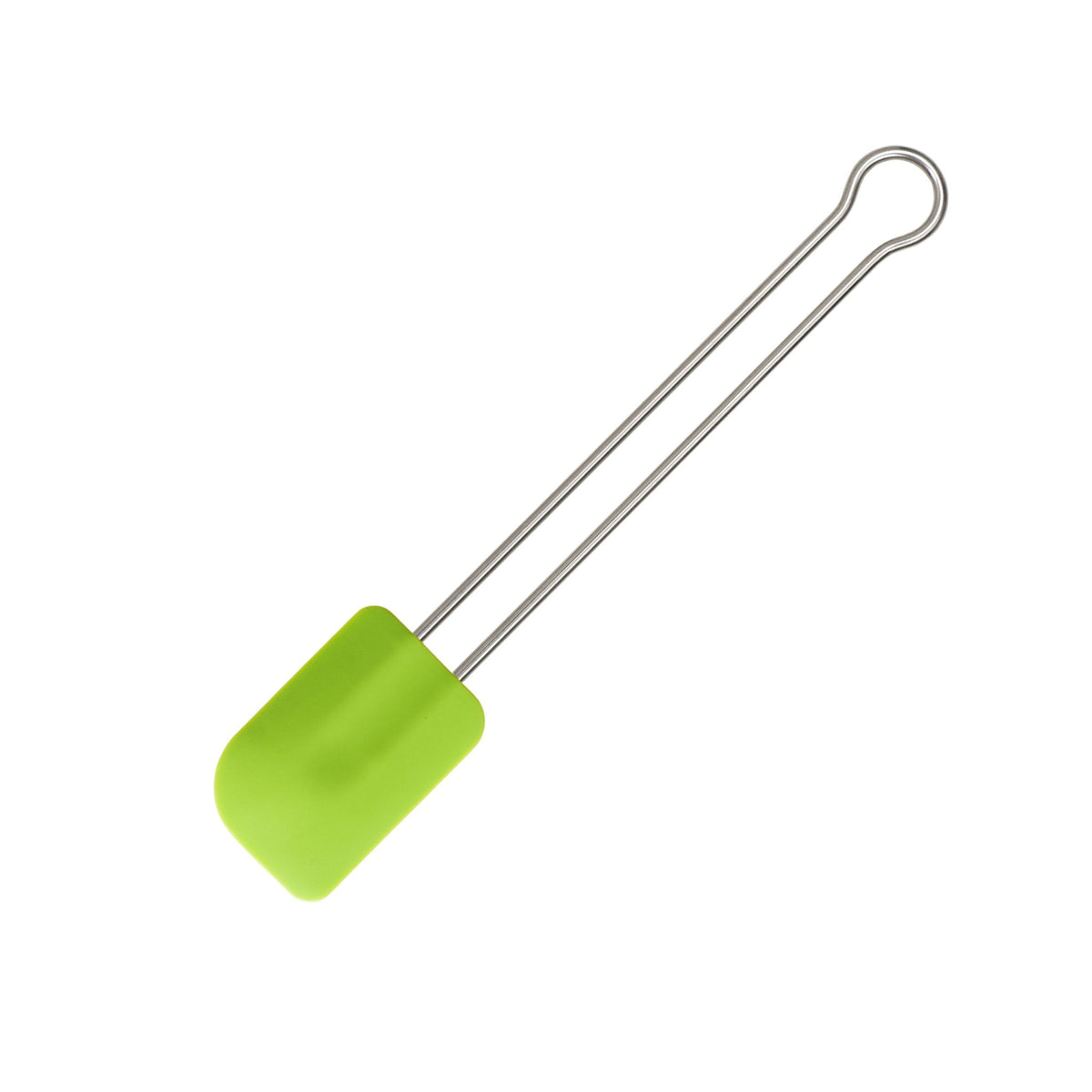 Teigschaber mit grünem Silikonkopf und Edelstahlgriff aus Drahtform.