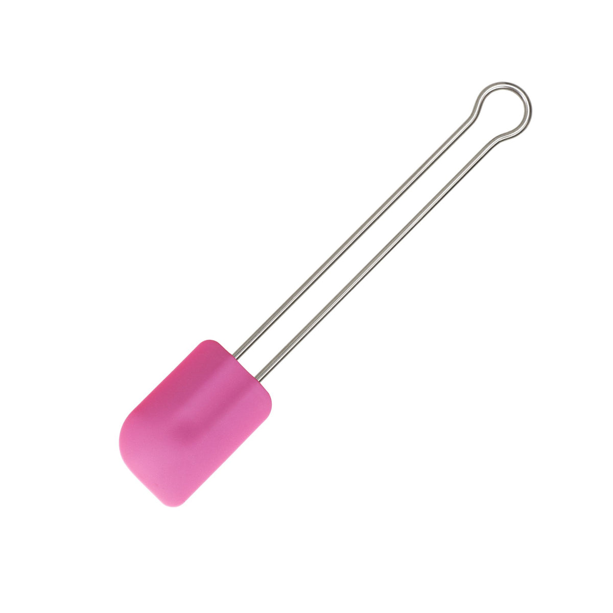 Teigschaber mit rosa Silikonspitze und Metallgriff, langer schlanker Stiel.