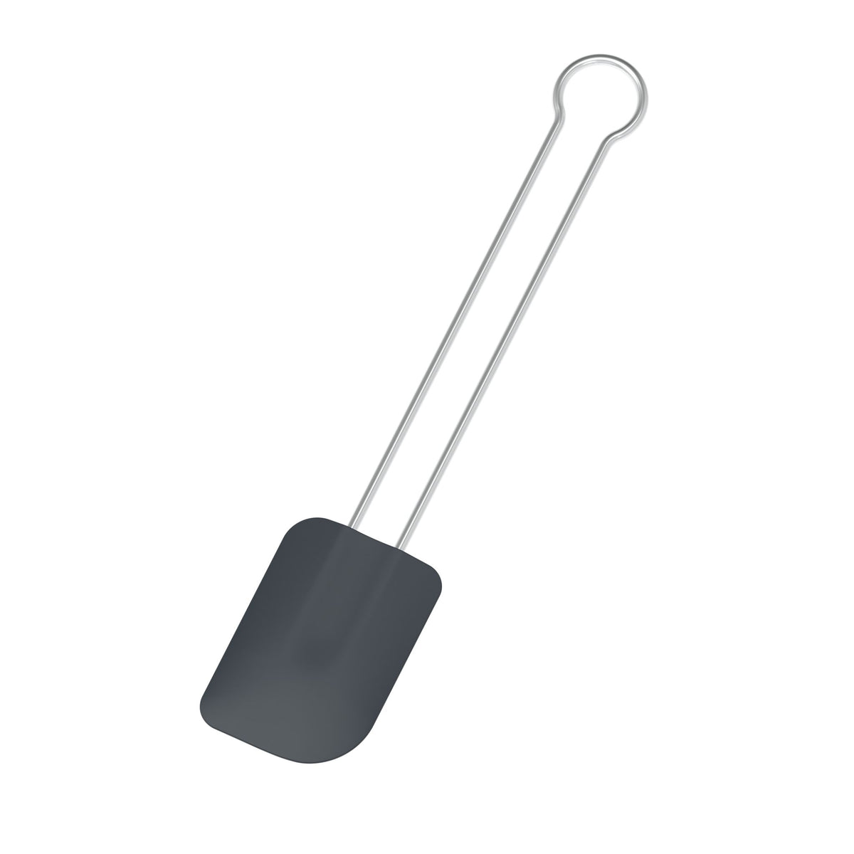 Teigschaber mit anthrazitfarbenem Silikonkopf und langem Metallgriff.