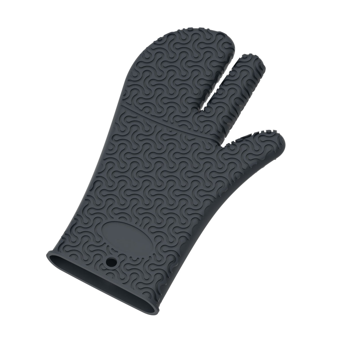 Anthrazitfarbener Ofenhandschuh aus Silikon mit strukturierter, wellenförmiger Oberfläche.