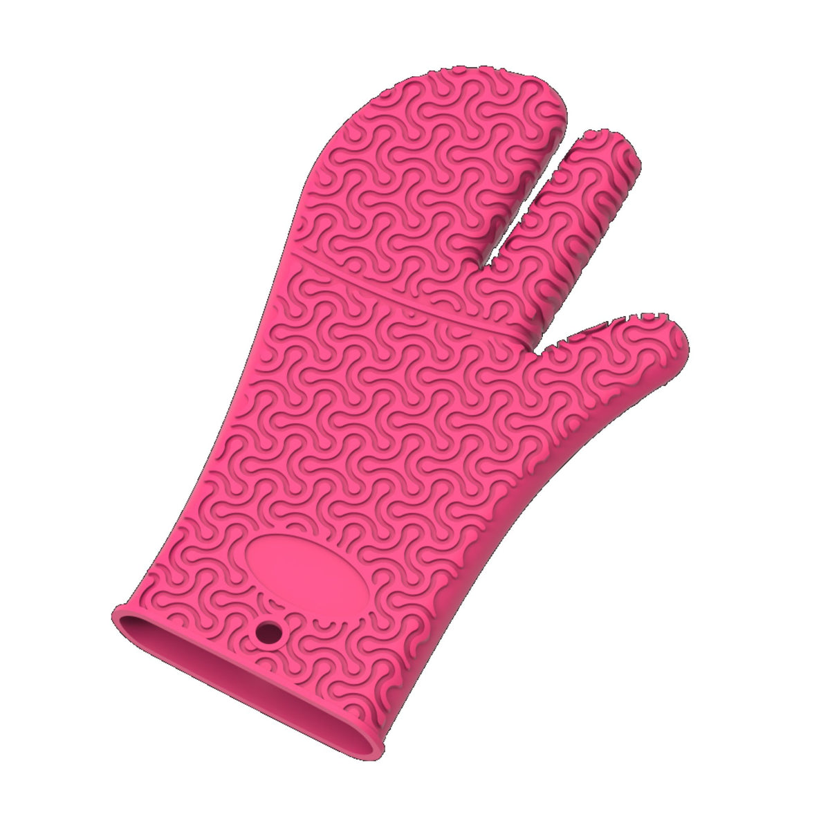Rosa Ofenhandschuh mit dreifingrigem Design und strukturiertem Muster aus Silikon.