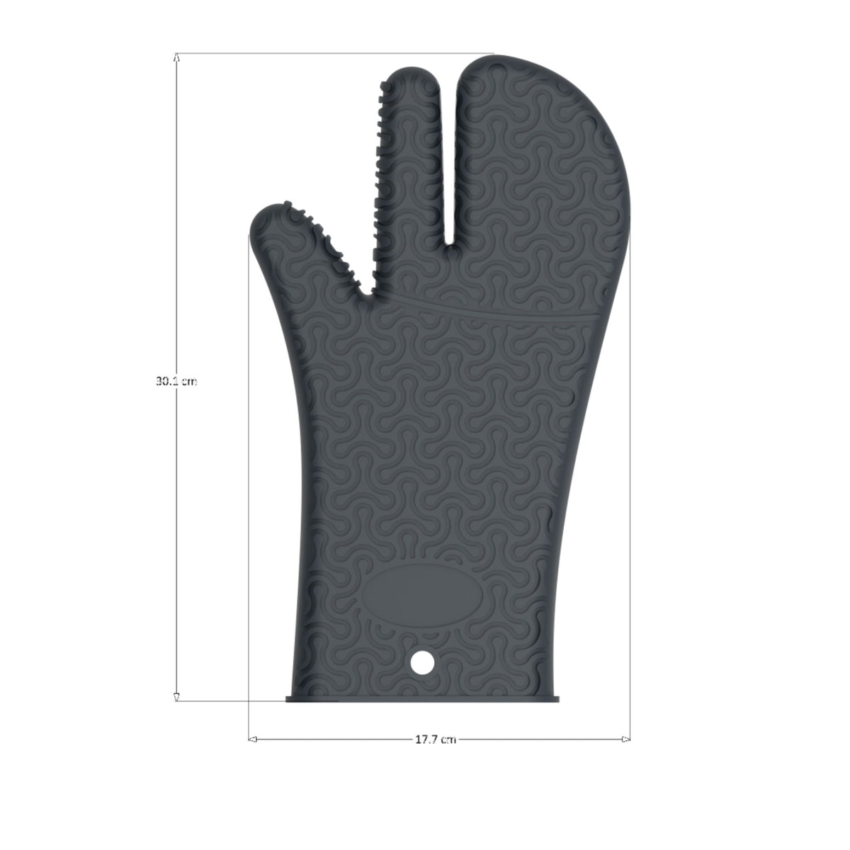 Anthrazitfarbener Ofenhandschuh mit Rillenmuster und Schlaufe zum Aufhängen, 36 cm lang.