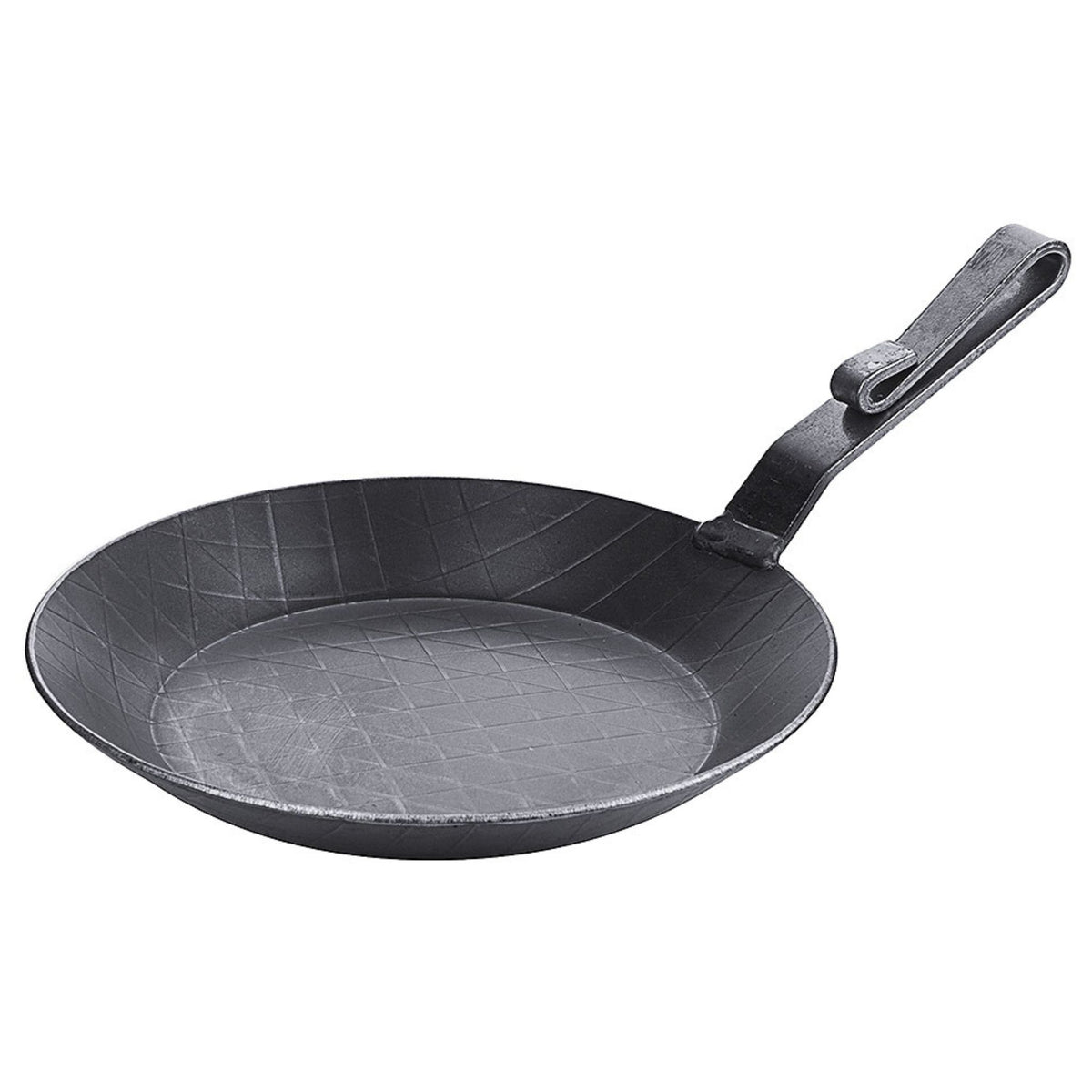 Schwarze Servierpfanne aus Eisen mit langem Griff und glatter Oberfläche.