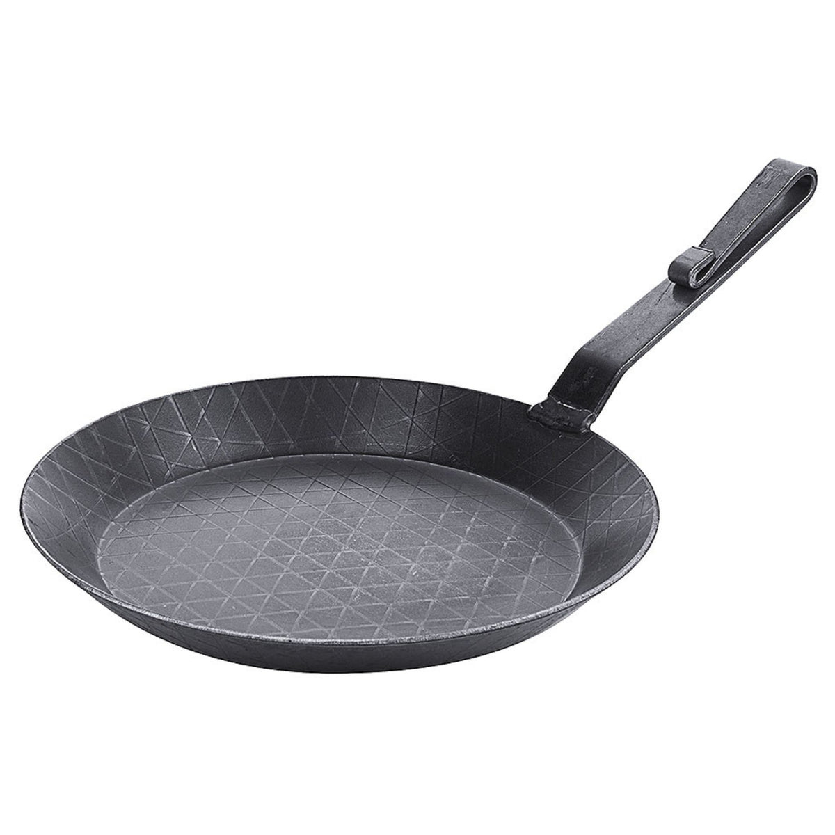 Schwarze Servierpfanne aus Eisen mit strukturiertem Boden und langem Griff.