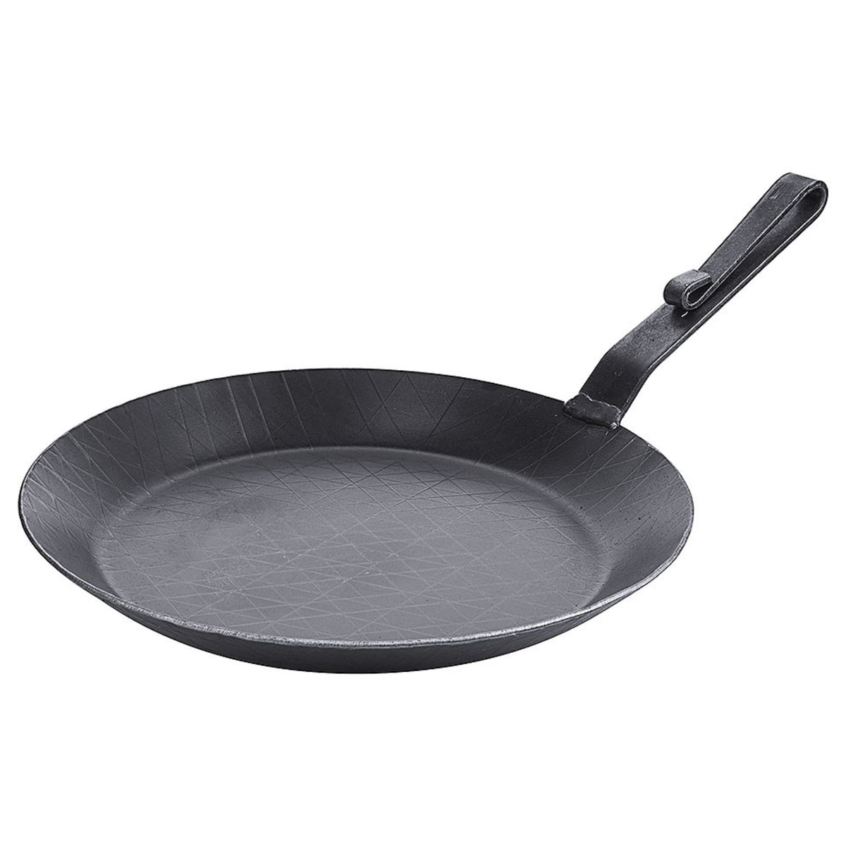 Schwarze Eisenpfanne mit langem Griff und glatter Kochfläche, 28 cm Durchmesser.