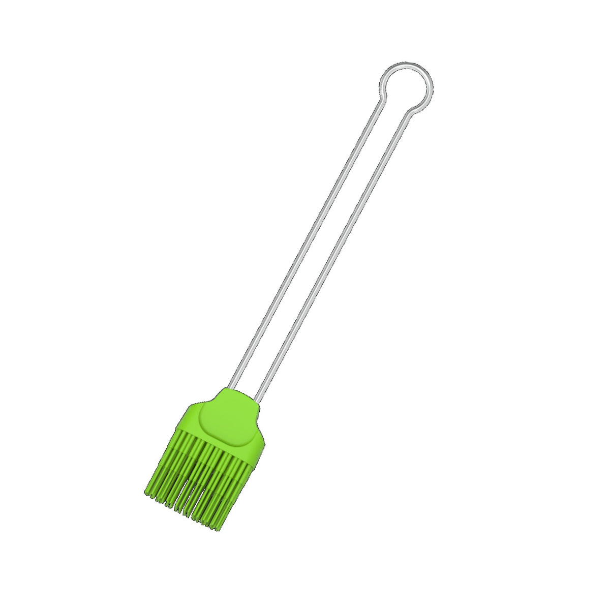 Grüner Silikonpinsel mit langem Metallgriff und Aufhängeloch.
