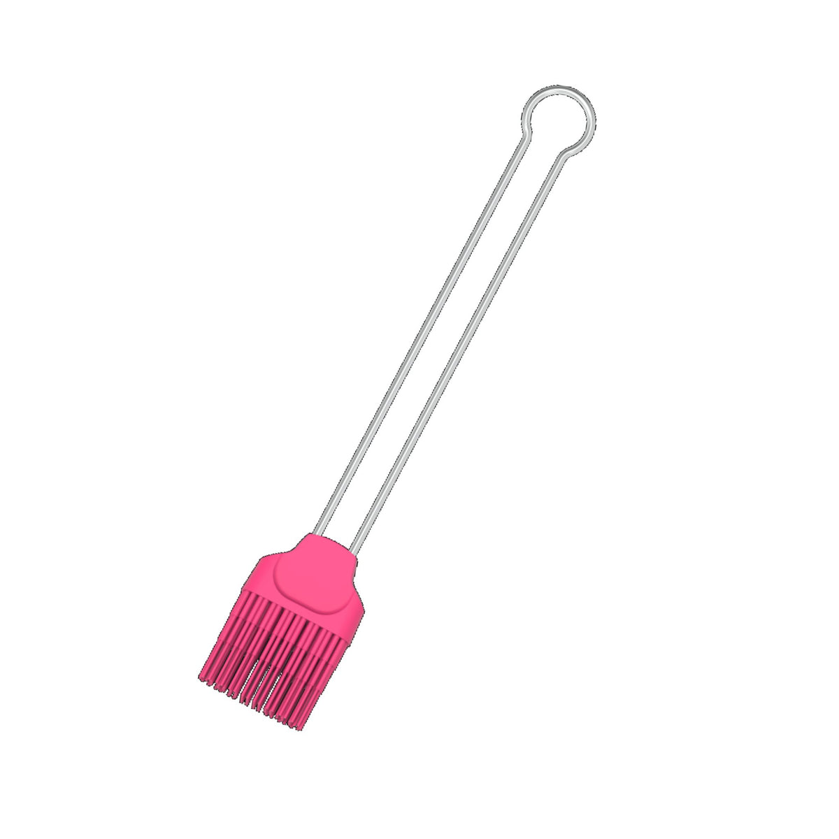 Backpinsel mit pinkem Silikonkopf und Edelstahlgriff, schmal und lang.
