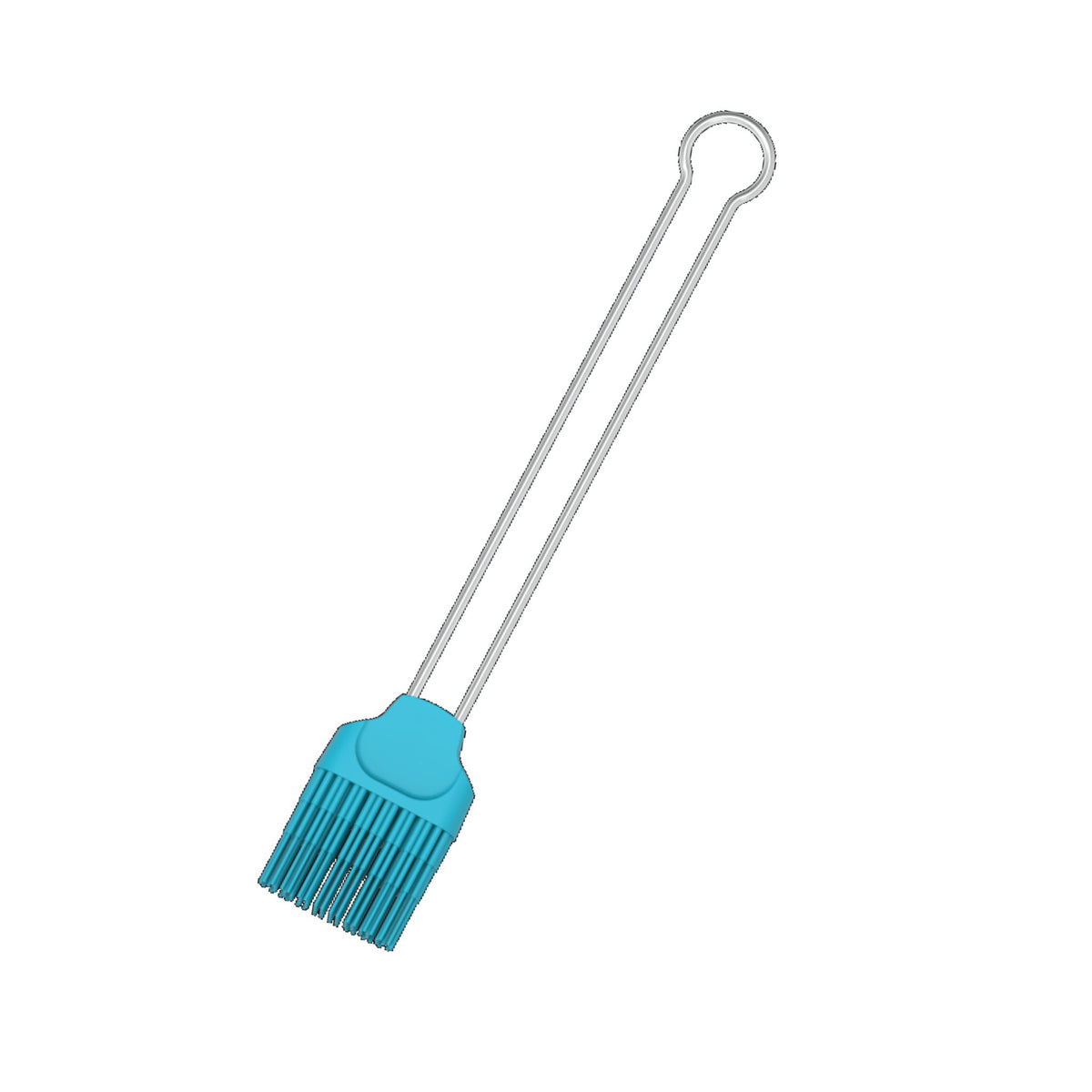Silikon-Pinsel mit türkisfarbenem Kopf und langem Metallgriff mit Aufhängeloch.