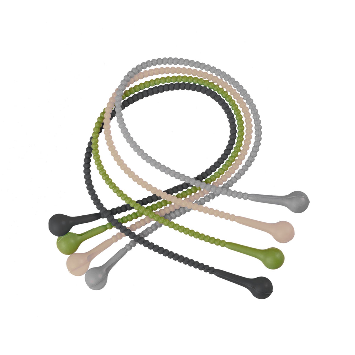 Set aus vier flexiblen, mehrfarbigen Allzweckbindern mit Knopfenden aus Silikon.
