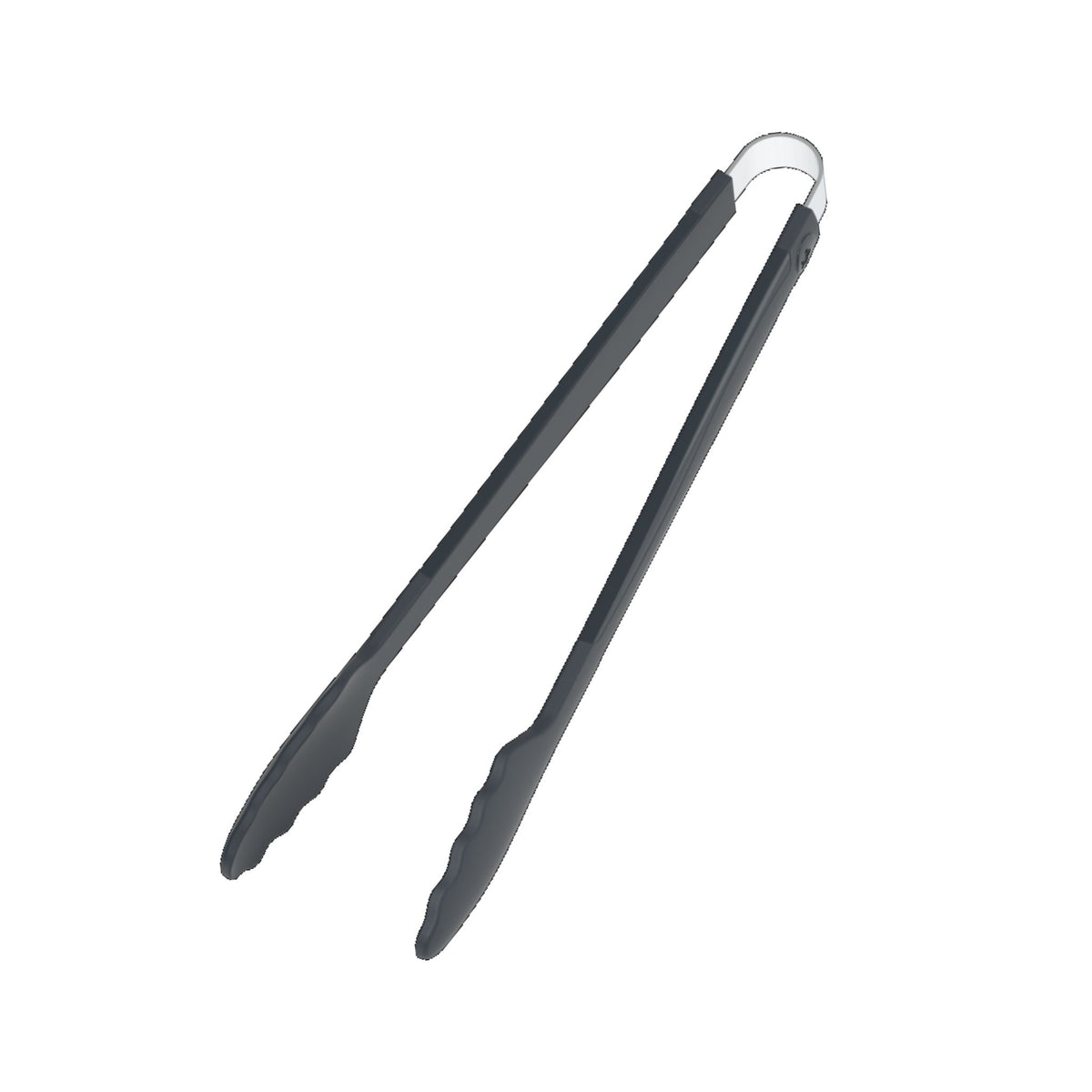 Anthrazitfarbene Grillzange mit gezahnten Enden und Metallring am Griffende.