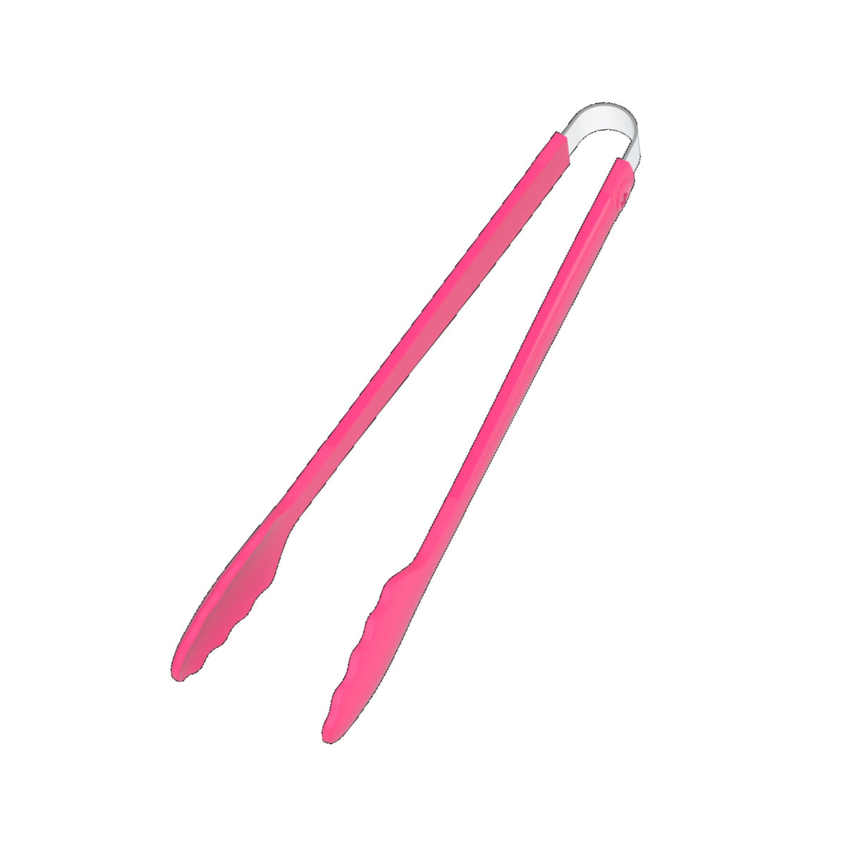 Grillzange mit pinken Silikongriffen und gezahnten Enden aus Metall.