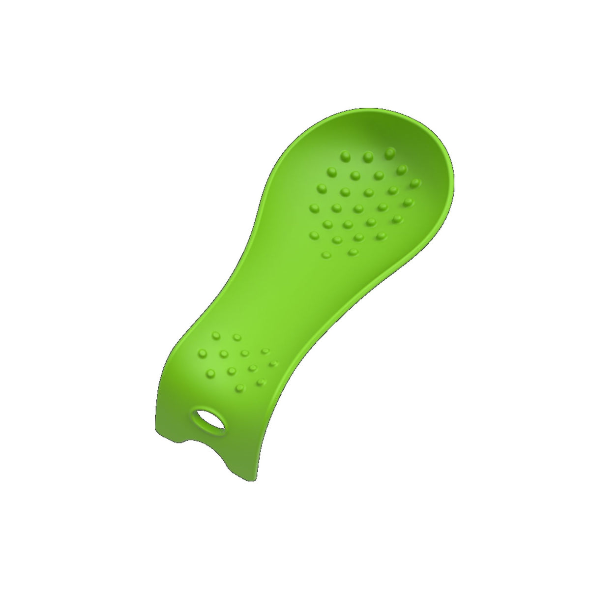 Grüne Löffelablage aus flexiblem Material mit antibakteriellen Noppen und praktischem Griffloch.