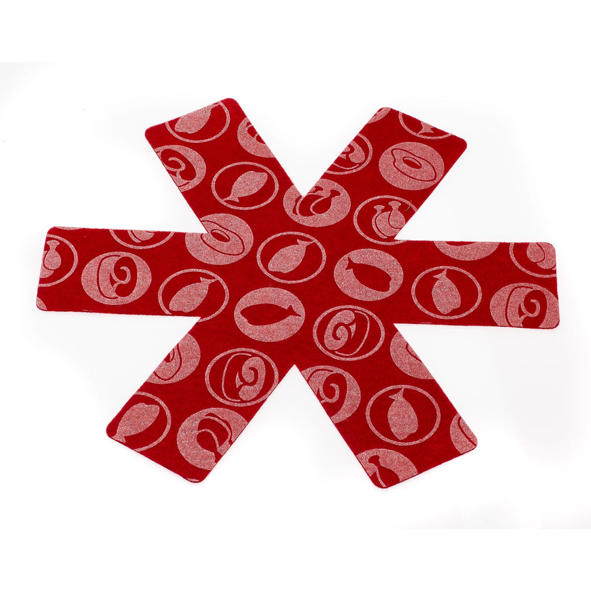 Roter Filz-Pfannenschutz mit grauen Küchenmotiv-Symbolen und sechs Armen.