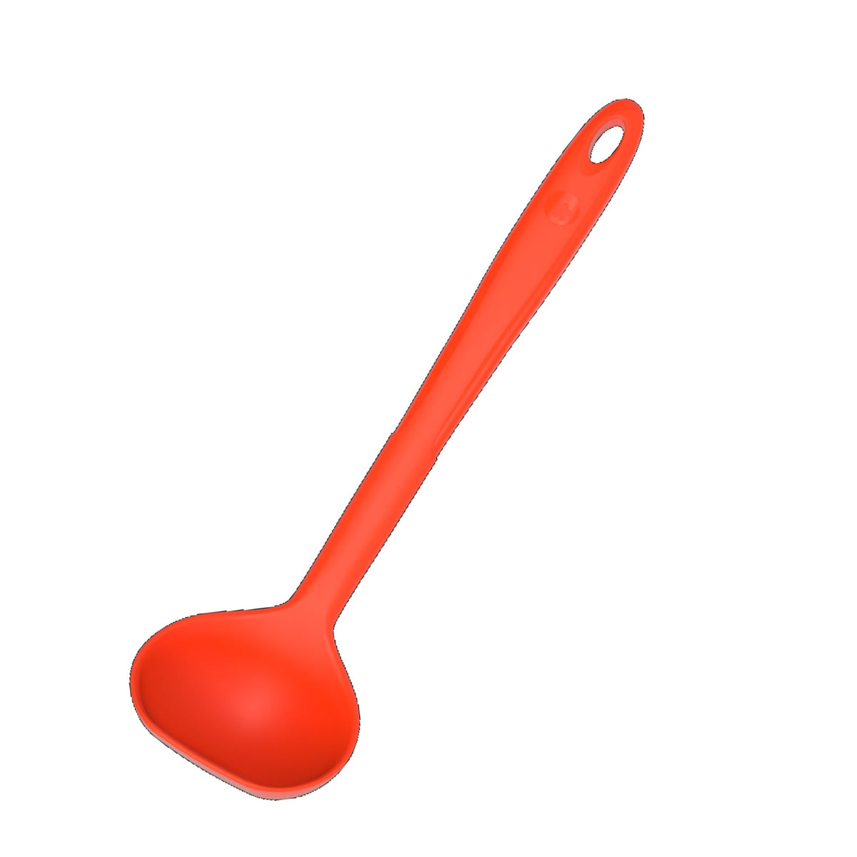 Rote Schöpfkelle mit langem Griff und rundem Schöpflöffel aus Kunststoff.