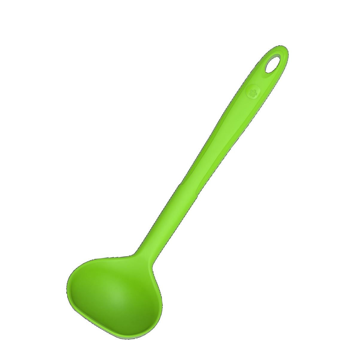Schöpfkelle aus Kunststoff in leuchtendem Limettengrün mit rundem Kopf und Aufhängeloch.