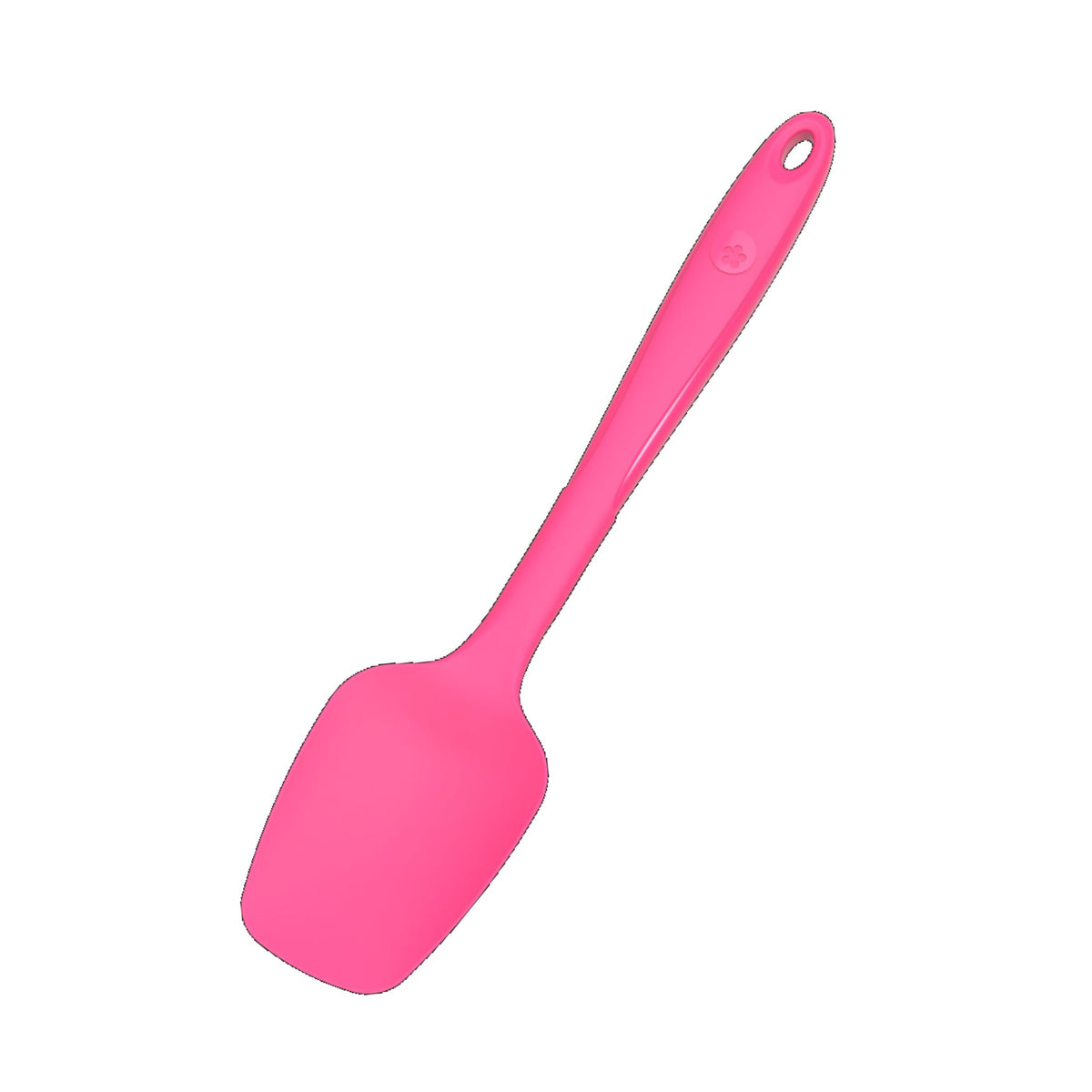 Flexibler pinkfarbener Silikonlöffel mit langem Griff und Aufhängeloch.