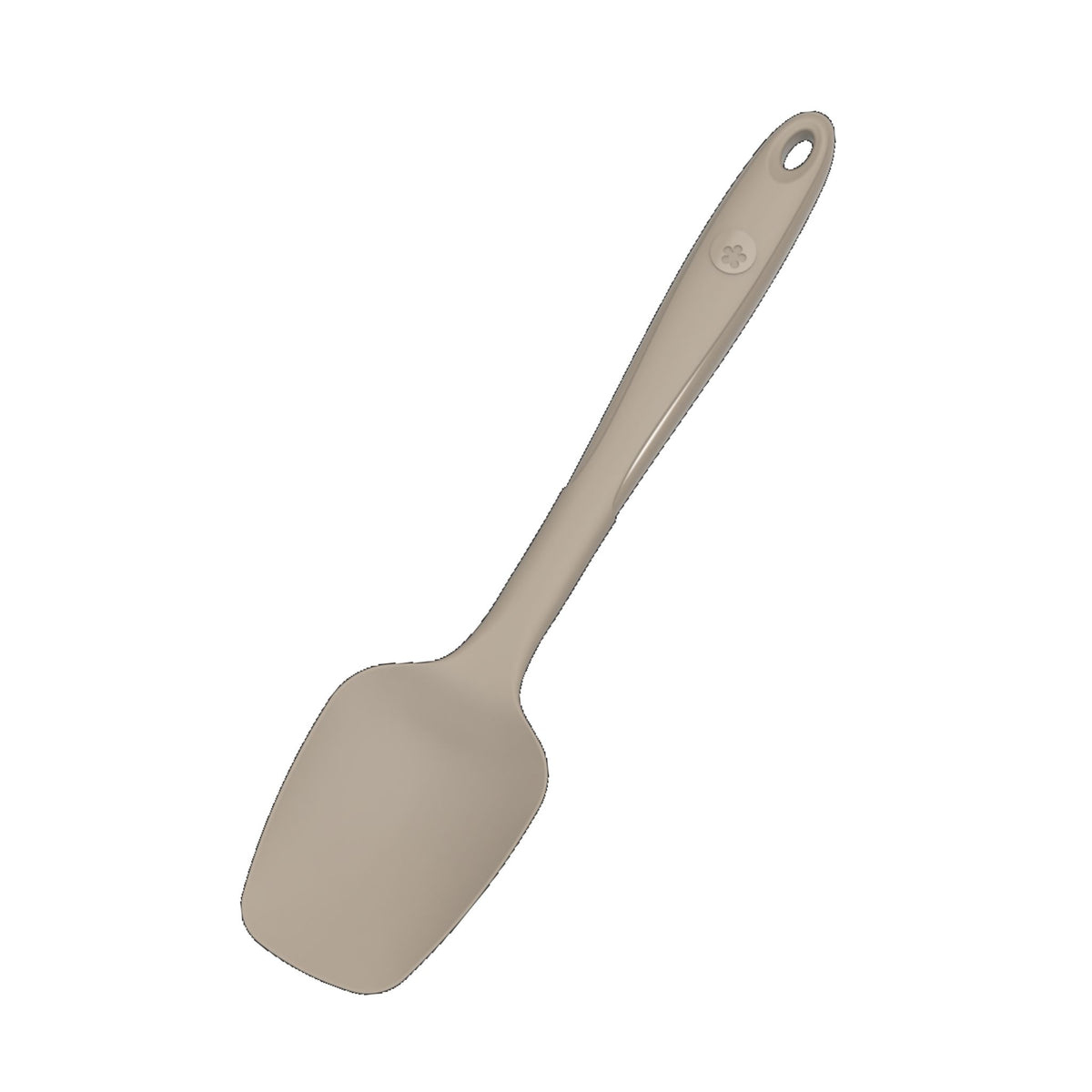 Flexibler Löffel in Taupe mit rundem Griffloch und glatter Oberfläche.