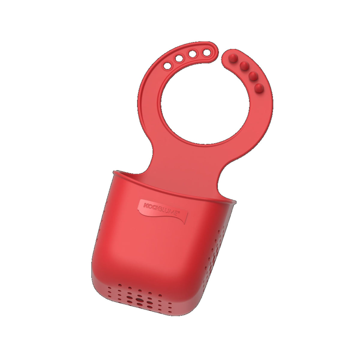 Roter Schwammhalter aus Kunststoff mit rundem Befestigungsring und abtropflöchern unten.
