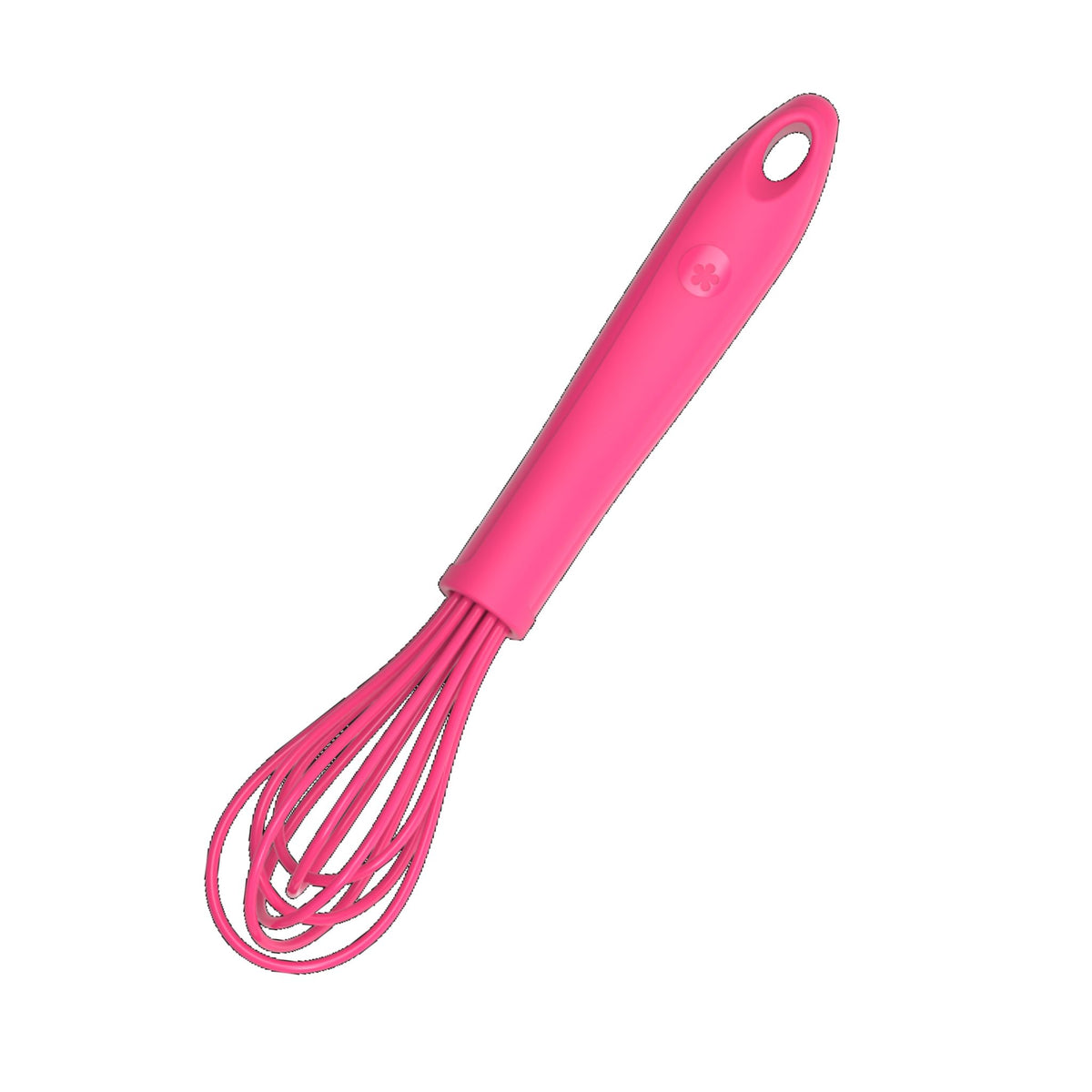 Schneebesen mit pinkfarbenem Griff und Drahtschleifen aus Silikon.