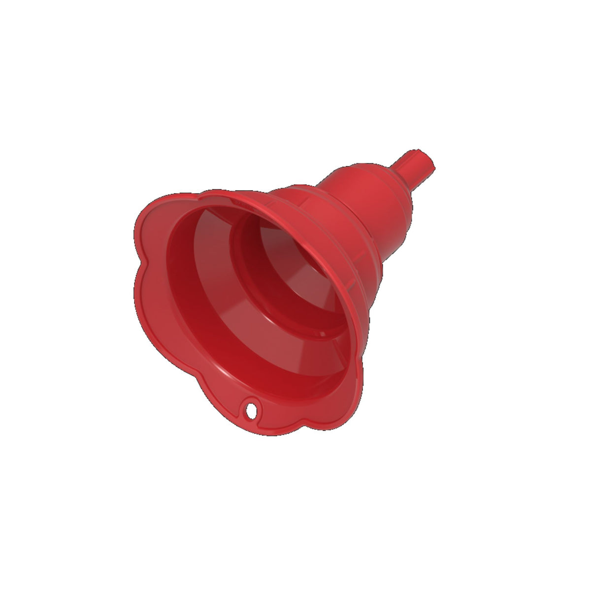 Roter, faltbarer Silikontrichter mit kleinem Ausguss und Aufhängeloch.