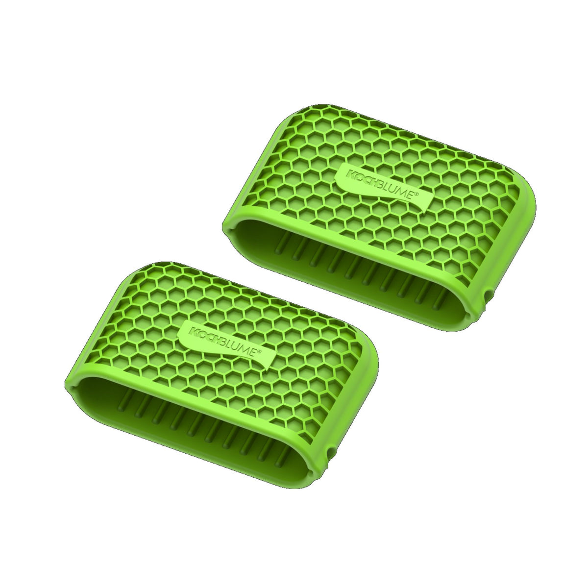 Zwei grüne, flexible Griffschützer mit strukturierter Oberfläche aus Silikon.