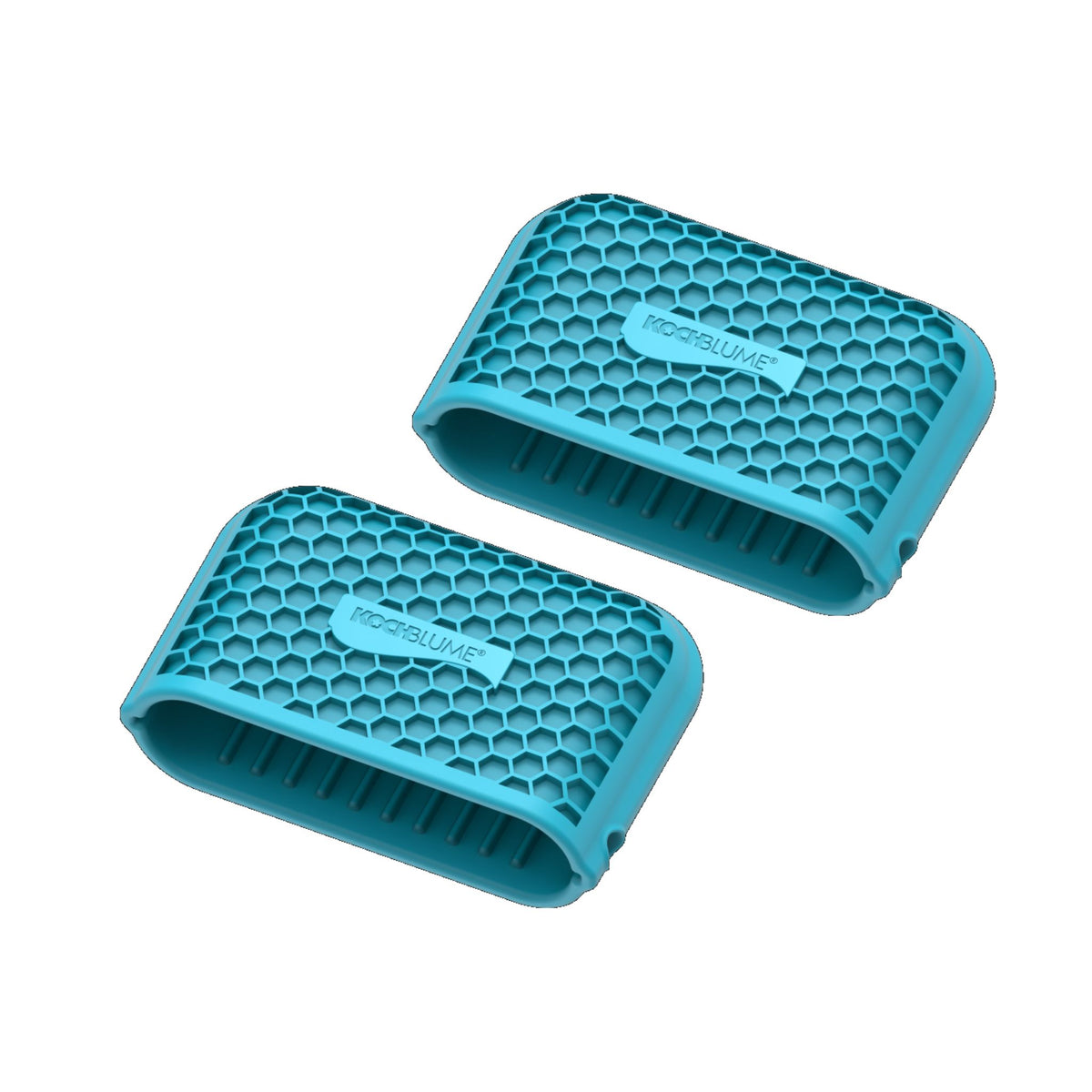 Zwei türkisfarbene Griffschützer aus flexiblem, gewelltem Silikonmaterial.