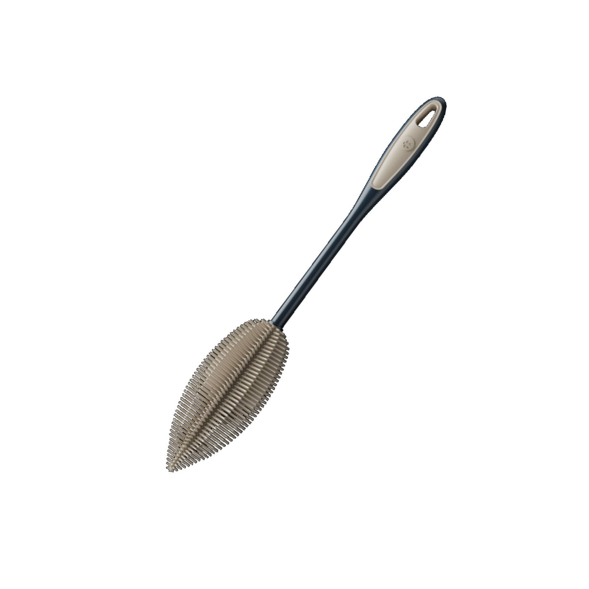 Flaschenbürste mit anthrazitfarbenem Griff und grauer Bürstenkopf in Tropfenform.