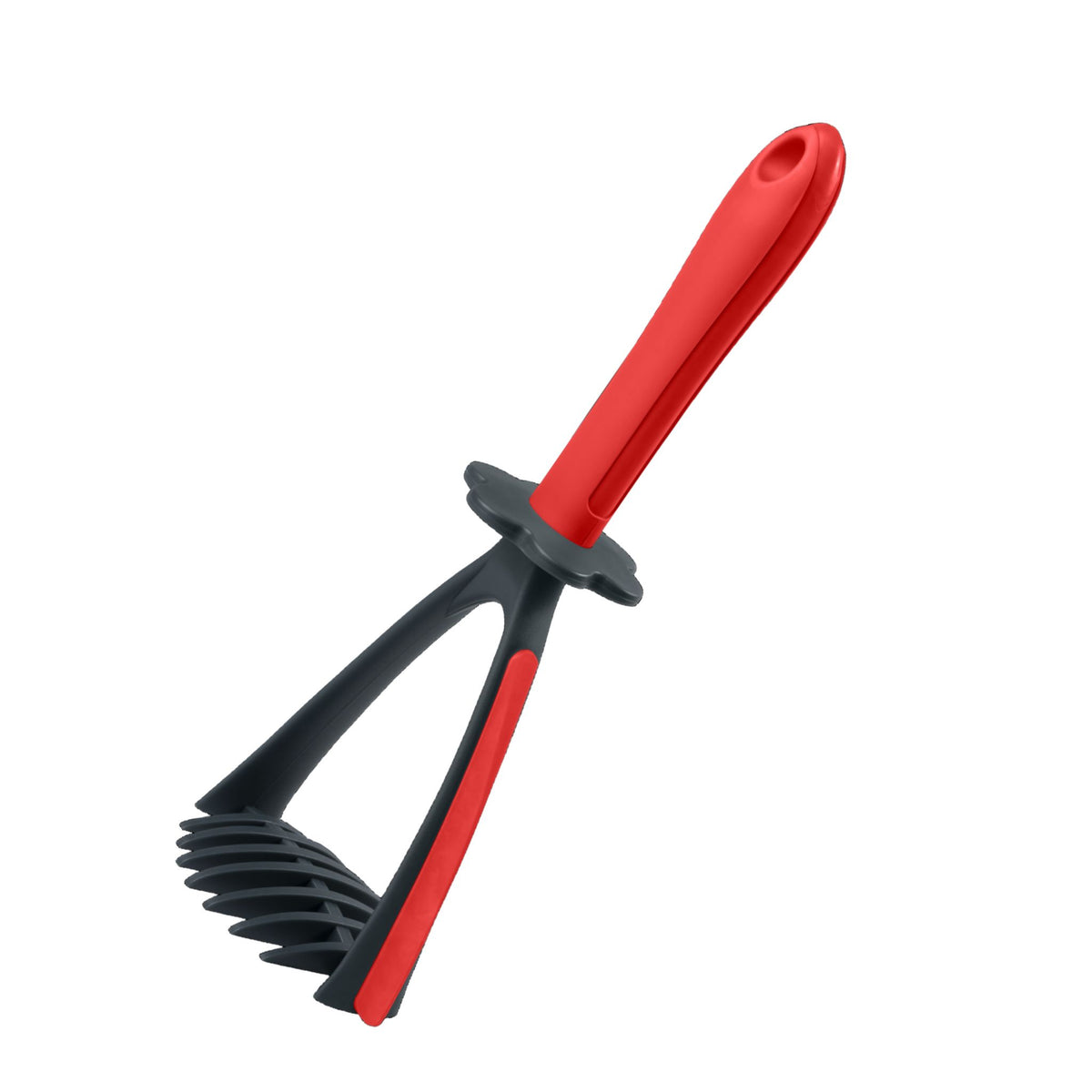 Kartoffelstampfer mit rot-grauem Griff und robustem Kunststoffkopf.