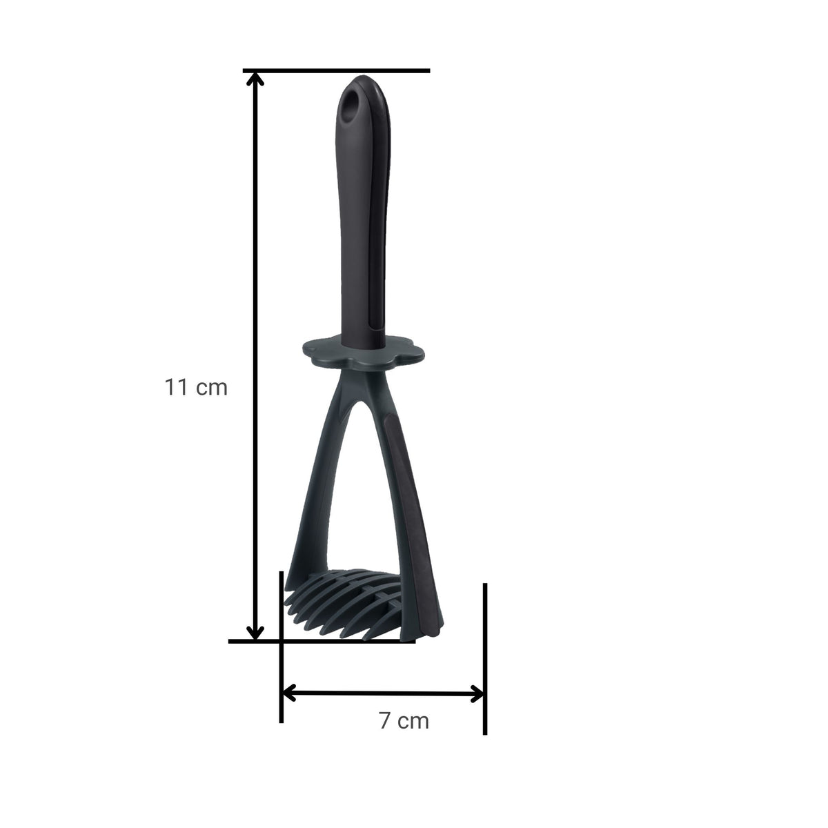 Anthrazitfarbener Kartoffelstampfer mit ergonomischem Griff und gezacktem Stampfbereich aus Kunststoff.