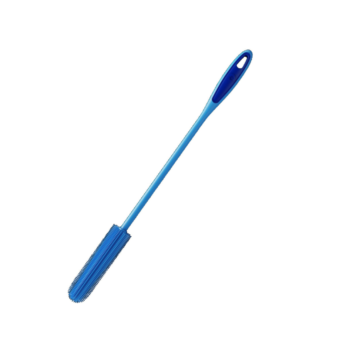 Dünne Flaschenbürste in Blau mit langem Griff und schmalem Bürstenkopf.