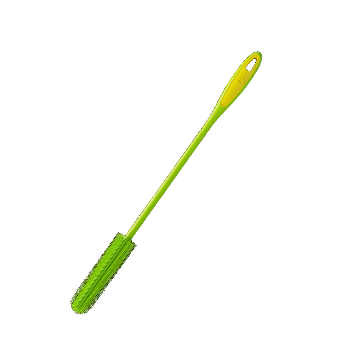 Dünne Flaschenbürste mit langem, limettengrünem Griff und flexiblem Bürstenkopf.