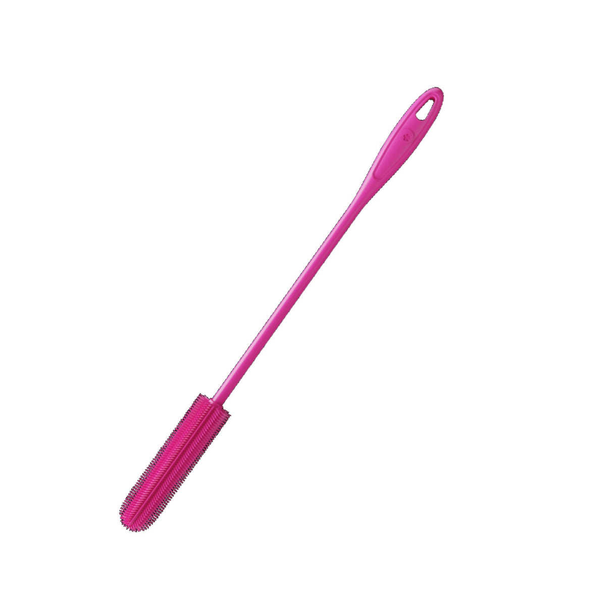 Dünne Flaschenbürste in Pink mit langem Griff und schmalem Bürstenkopf.