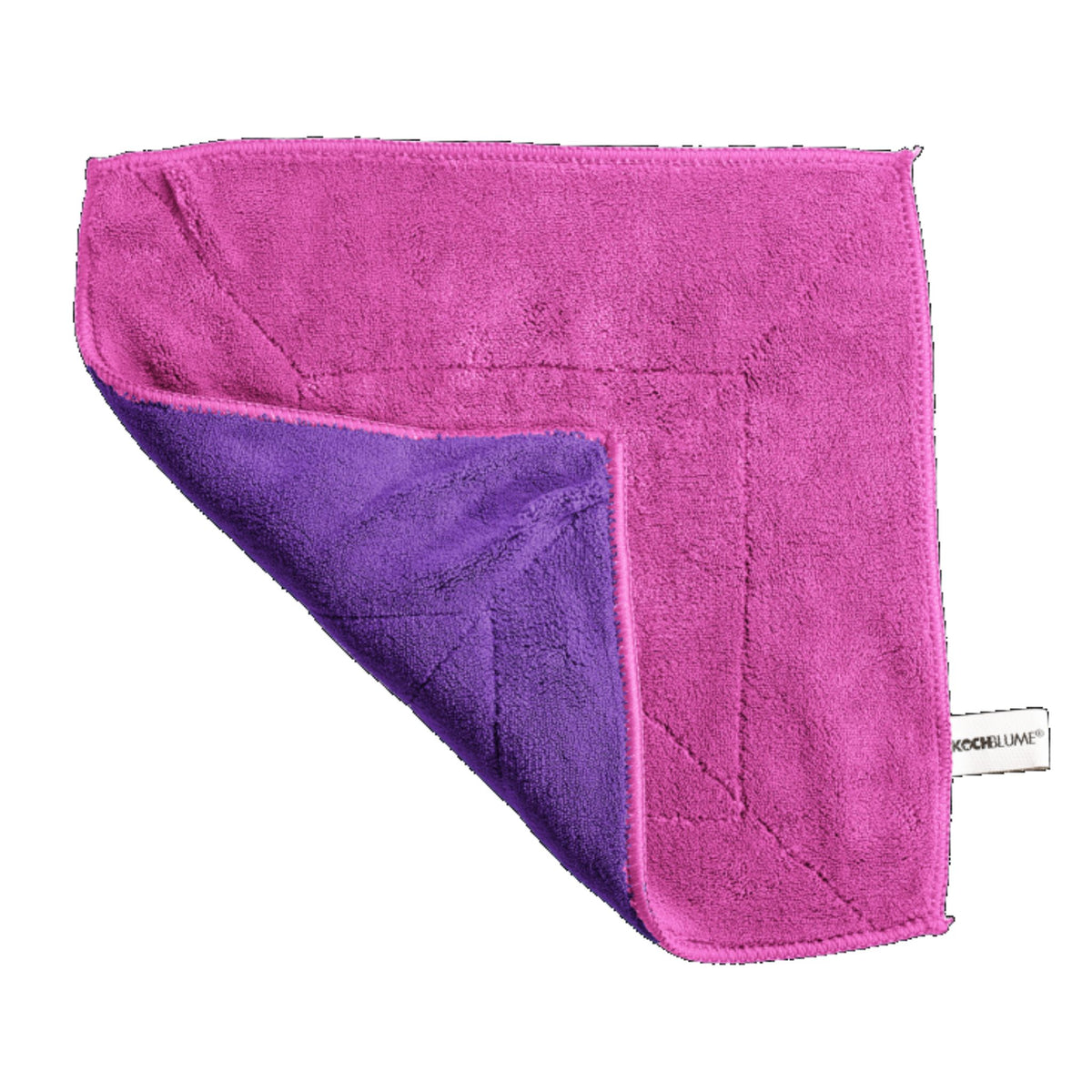 Mikrofaser-Reinigungstuch 30 x 30 cm in pink mit lila Rückseite und eingenähtem Etikett.