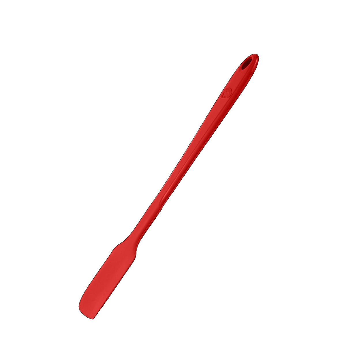 Roter Teigschaber aus flexiblem Silikon mit langem Griff und Loch zum Aufhängen.
